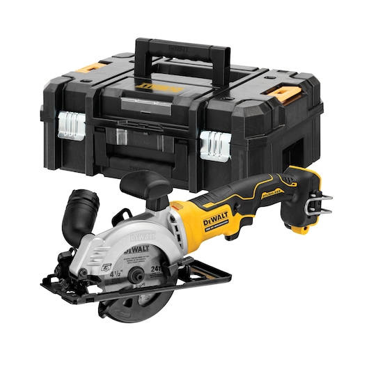 DEWALT cordless compact circular saw with a brushless motor, featuring a black and yellow design, shown next to a sturdy black and yellow DEWALT carrying case.