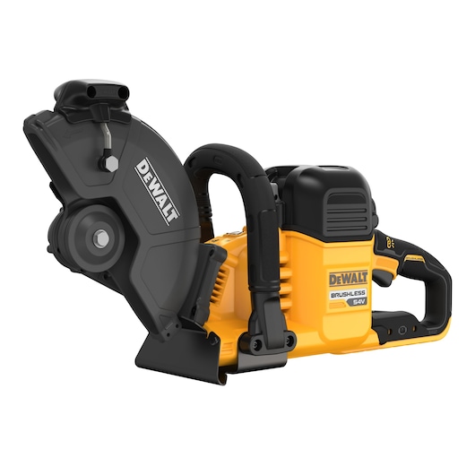 A DEWALT 54V brushless cordless cut-off saw with a yellow and black body, featuring a large protective blade guard and ergonomic handles.