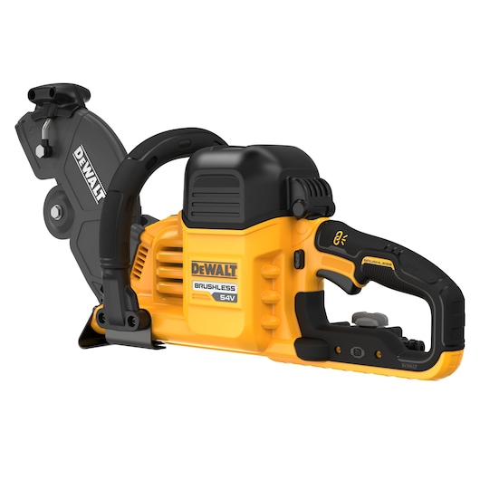 A DEWALT 54V brushless power tool, featuring a yellow and black body with ergonomic handle. The tool appears to be a cordless cut-off machine designed for industrial use.