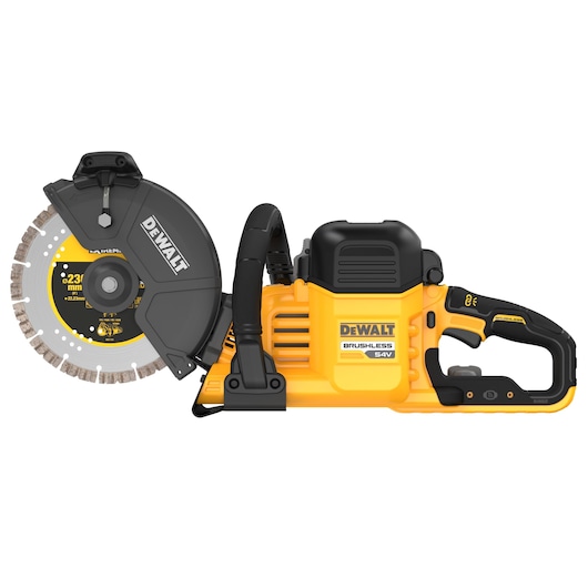 A yellow and black DEWALT cordless brushless 54V power saw with a diamond blade guard, designed for cutting through tough materials.