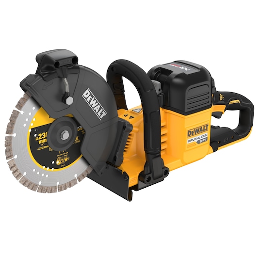 A DEWALT DCS691X2 54V brushless cordless cut-off saw featuring a large circular blade with protective housing. The saw is yellow and black with ergonomic handles and branding on the side.