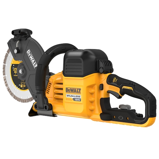 A DEWALT DCS691X2 54V brushless cordless cut-off saw with a yellow and black design, featuring a circular blade and ergonomic handle, suitable for industrial and construction cutting tasks.