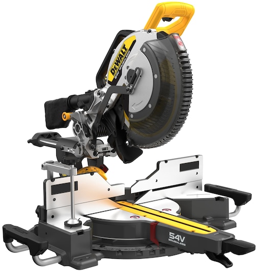 DEWALT DCS781N 54V cordless brushless mitre saw with a yellow handle and adjustable cutting fence, designed for precise wood and material cutting.