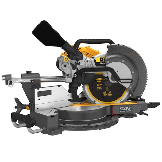 A DEWALT 54V brushless sliding compound mitre saw, model DCS781N, featuring a large circular blade and an adjustable cutting guide for precision woodworking.