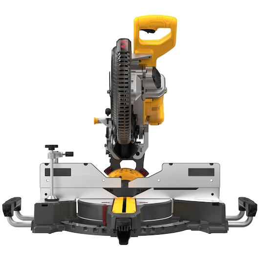 Front view of a DEWALT DCS781N power tool, specifically a photography category miter saw, featuring a yellow and black design with a large blade and sturdy handle.