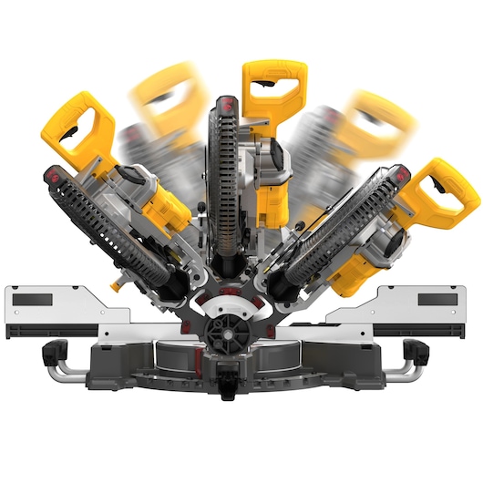 Front view of a DEWALT DCS781N miter saw showing its adjustable arm positions against a white background.