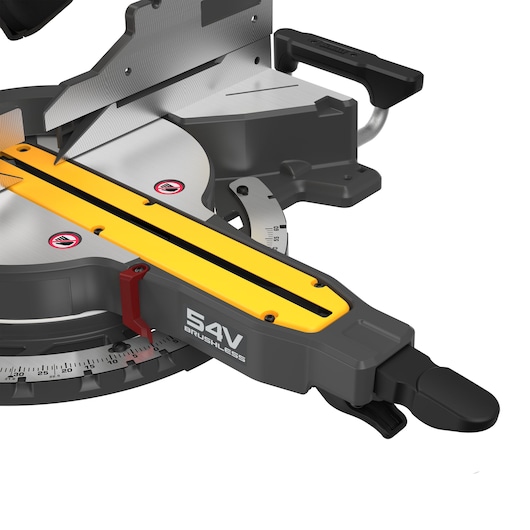 Close-up of a DEWALT power tool featuring a metal cutting blade, yellow and black parts, handle, and a measurement guide. The tool displays '54V Brushless' on the body.