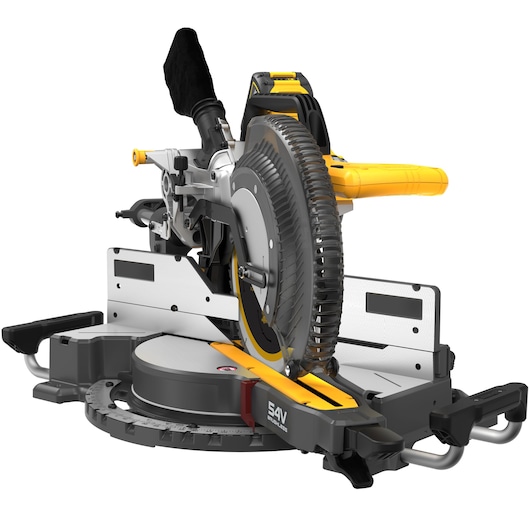 DEWALT cordless mitre saw DCS781X2 with a brushless motor, featuring a yellow and black design, showing the saw blade, handle, dust bag, and base with measurement guide.