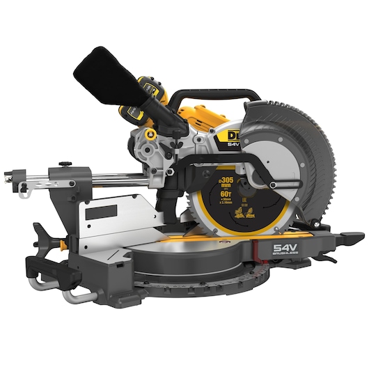 A DEWALT 54V brushless cordless mitre saw featuring a circular blade, adjustable base, and a dust collection attachment. The saw is designed for precise angled cuts in woodworking and construction.