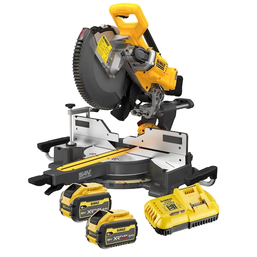 A DEWALT cordless mitre saw kit, including a yellow and black mitre saw, two XR FLEXVOLT 54V lithium-ion batteries, and a battery charger. The setup is intended for professional woodworking or construction use.