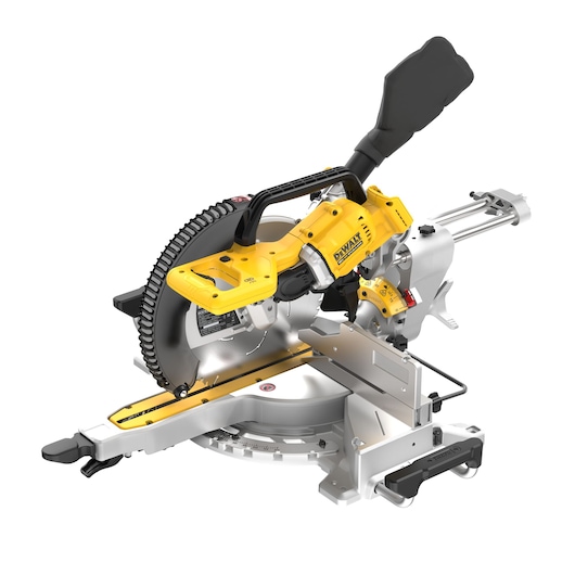 A DEWALT branded sliding compound miter saw with a yellow and black design. The saw has a large circular blade, adjustable base, and a dust extraction port. It is suitable for woodworking and precision cutting tasks.