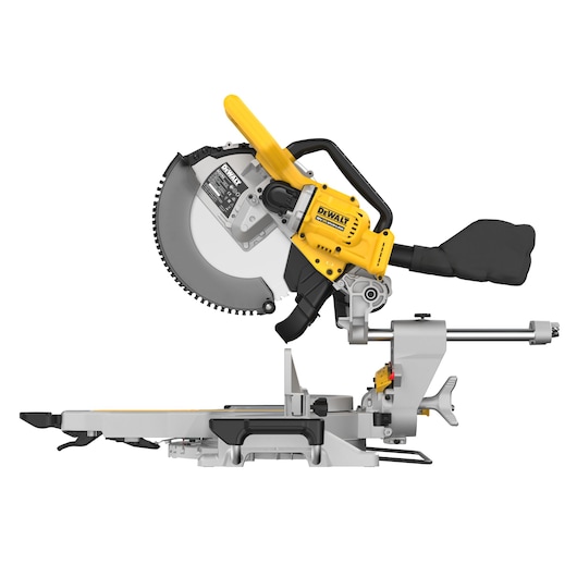 A DEWALT DCS782N cordless miter saw with a yellow and black motor housing, a circular saw blade, and a sliding arm for precision cutting, positioned on a white background.
