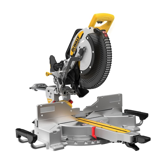 A DEWALT branded sliding compound miter saw with a yellow handle, positioned on a metal base with adjustable fences. The saw features a prominent circular blade with a protective black cover and yellow accents.