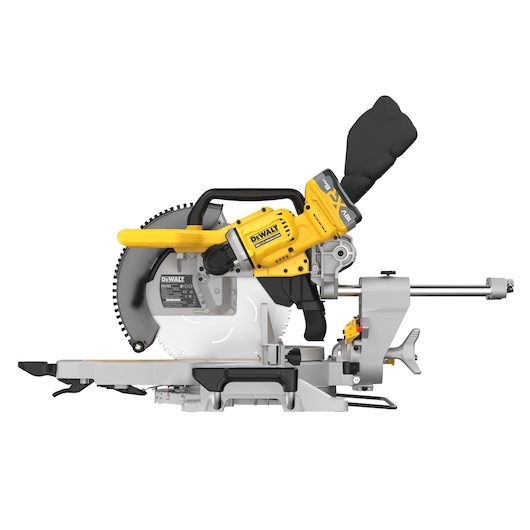 DEWALT DCS782XW2 cordless mitre saw with a yellow and black handle, silver cutting base, and a dust collection bag attached.