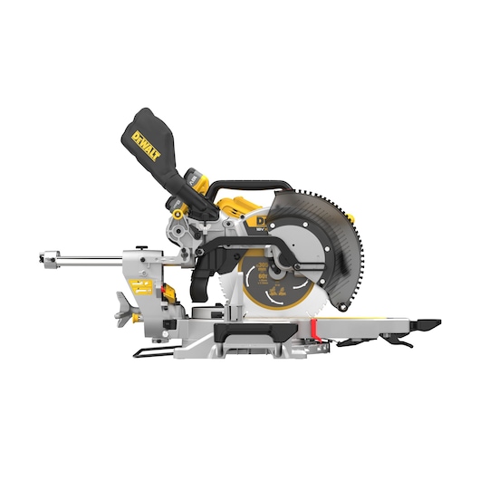 A DEWALT branded sliding compound miter saw, featuring a large circular blade, a dust collection bag, and adjustable cutting guides. The saw is shown from the side, highlighting its design and yellow-black color scheme.