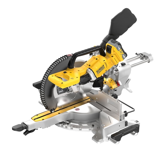 DEWALT cordless sliding compound miter saw with yellow and black design, showing an adjustable blade, dust bag, and sturdy base.