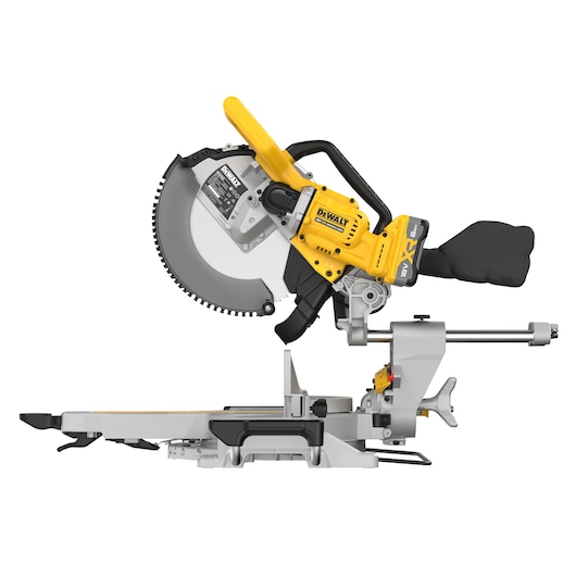 A DEWALT cordless mitre saw with a yellow and black design, featuring a blade guard, dust bag, and an adjustable base for precision cutting.