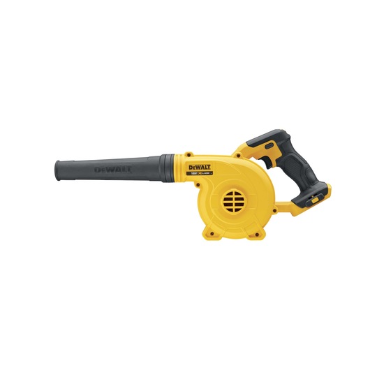 A yellow and black DEWALT cordless blower with an ergonomic handle, labeled as an 18V/20V Li-Ion tool, shown on a white background.