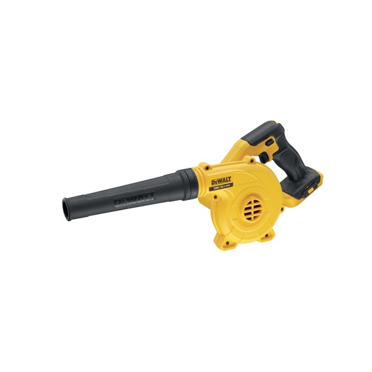 Yellow and black DEWALT cordless blower with an ergonomic handle and a long black nozzle, model DCV100N, shown on a white background.