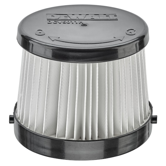 A DEWALT DCV5011H cylindrical pleated vacuum filter with a black plastic top and bottom and white filter material in the center.