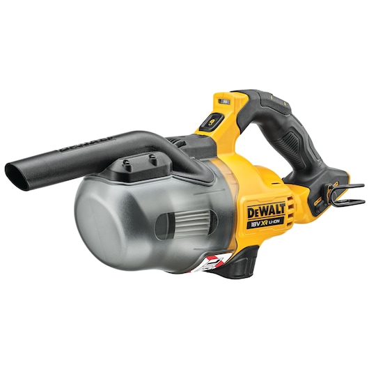DEWALT cordless hand vacuum cleaner with a black and yellow design, featuring an 18V XR Li-ION battery, ergonomic handle, and detachable nozzle.