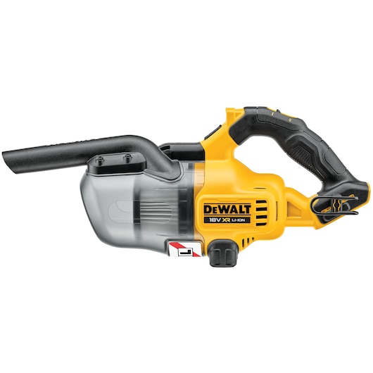 A DEWALT 18V XR Li-Ion cordless handheld vacuum cleaner with a black and yellow design, featuring a transparent dust container, ergonomic handle, and a nozzle attachment.