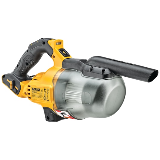 A DEWALT DCV501LN cordless handheld vacuum cleaner with a yellow and black body, featuring a transparent dust container and a black nozzle attachment.