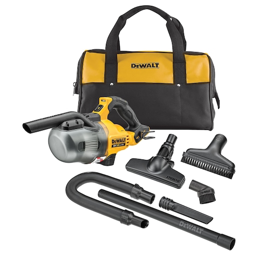DEWALT portable vacuum cleaner set, model DCV501LN, displayed with a yellow and black carrying bag, vacuum unit, multiple nozzle attachments, extension tubes, and a flexible hose.