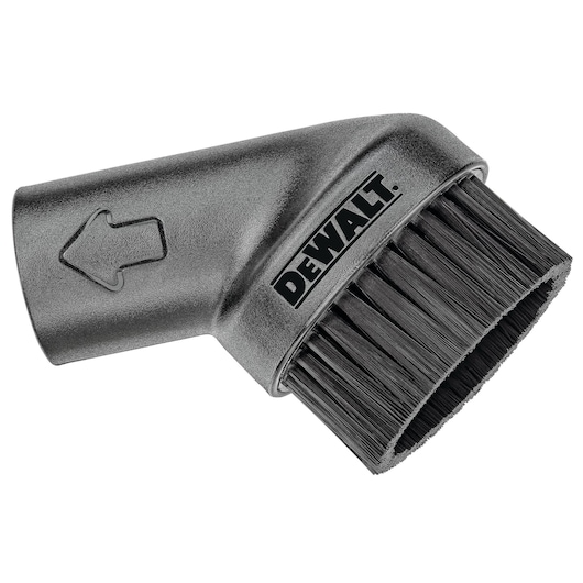 Black DEWALT vacuum cleaner round dusting brush attachment with bristles and an arrow on the nozzle.