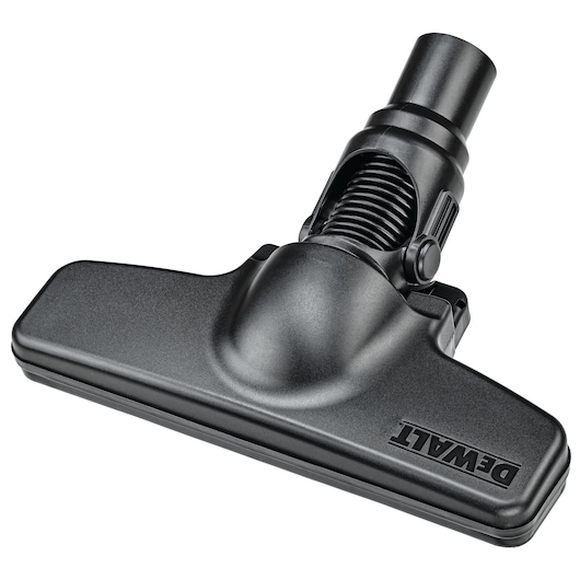 A close-up image of a black DEWALT vacuum cleaner floor nozzle attachment, designed for efficient cleaning. The attachment features a wide, flat cleaning head and a sturdy connector.