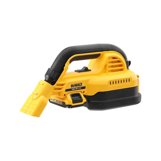 A yellow DEWALT handheld vacuum cleaner with a flexible hose and wide nozzle attachment, designed for portable use and powered by an 18V XR Li-Ion battery.