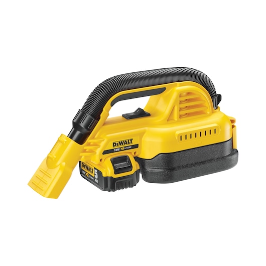 A DEWALT portable handheld vacuum cleaner in yellow and black, featuring a flexible hose and nozzle, with an 18V XR Li-Ion battery attached.