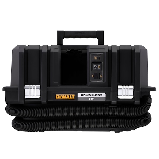 Front view of a DEWALT 54V cordless brushless dust extractor with a black body, carrying handle on top, control panel, two metal clasps on the sides, and a coiled hose attached at the base.