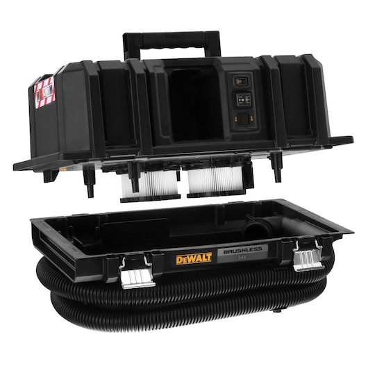 A DEWALT brushless 54V portable vacuum cleaner with its top section partially lifted, revealing internal filters and controls. The vacuum features a black and yellow design, a sturdy handle, and a coiled hose stored in the base.