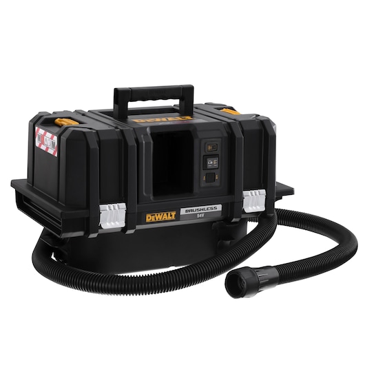 A DEWALT 54V brushless portable dust extractor with a black rectangular body, integrated handle, control panel, and a flexible hose attached to the front.