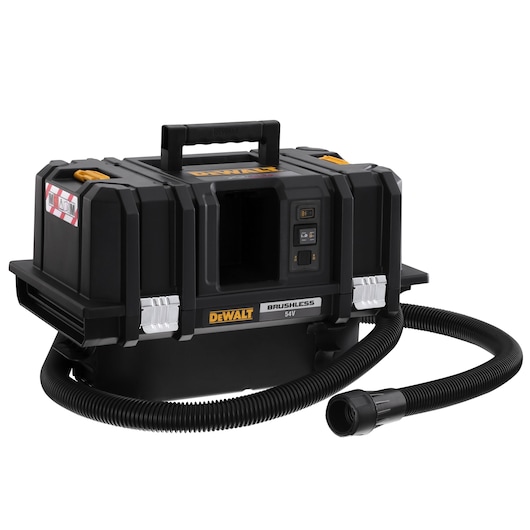 DEWALT 54V cordless brushless portable vacuum cleaner with a flexible hose, black and yellow design, and a sturdy carrying handle on top.