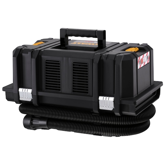 A DEWALT portable dust extractor with a black hard plastic casing, a top handle, ventilation grilles on the front, metal latches, and a flexible hose coiled at the base.