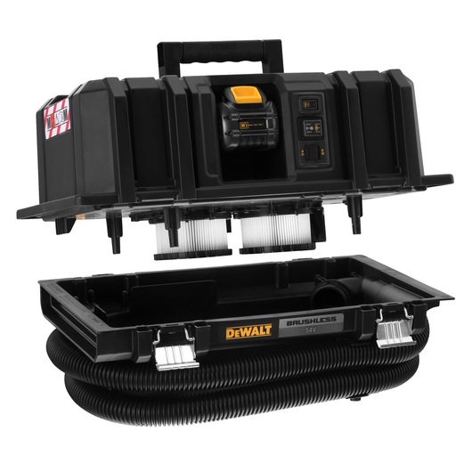 A DEWALT brushless 54V cordless dust extractor with a modular black plastic case, shown open with visible filters, hose, latches, and handle.