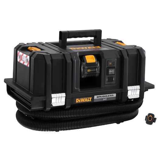 A DEWALT cordless brushless 54V dust extractor and vacuum cleaner with a large black rectangular body, a carrying handle on top, control switches, and a coiled hose attached at the base. The product is labeled with 'DEWALT' branding and includes a small wireless remote control shown beside it.