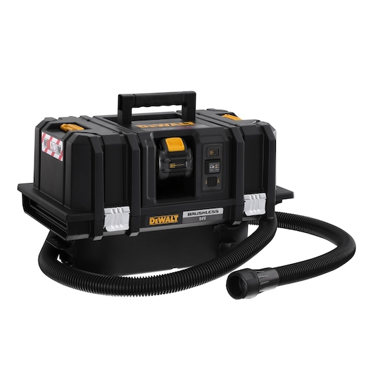 A DEWALT brushless 54V portable vacuum cleaner with a black and yellow design, featuring a carrying handle, control panel, and a flexible hose.
