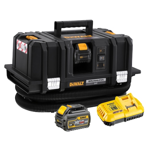 A DEWALT cordless wet and dry vacuum cleaner with a brushless motor, 54V, shown with a flexible hose, a detachable battery, and a yellow battery charger.