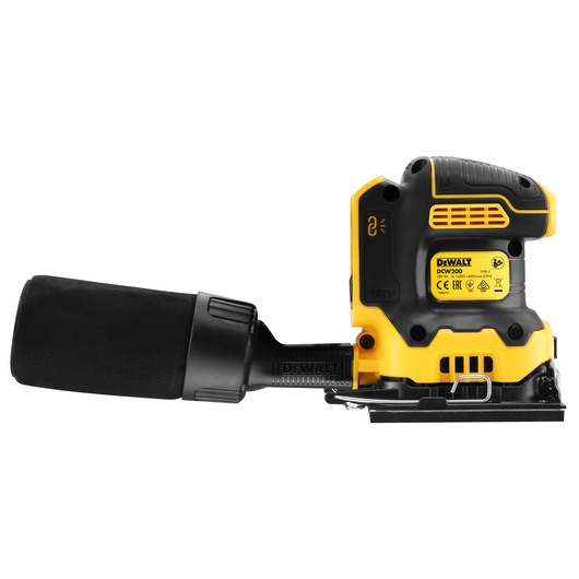 DEWALT DCW200NT cordless sander with dust bag, yellow and black, side view on white background.