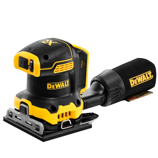 A DEWALT cordless electric sander with a black and yellow body and an attached dust collection bag, model DCW200N, shown on a white background.