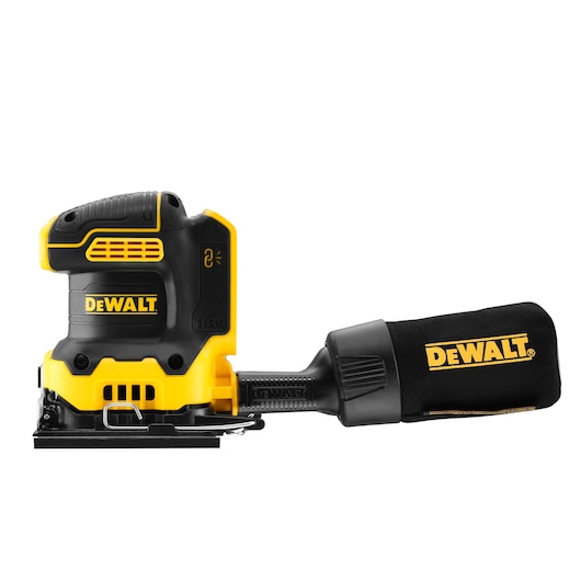 DEWALT cordless sander with dust bag, yellow and black, designed for surface smoothing and finishing tasks.