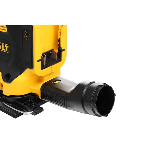 Close-up of DEWALT DCW200N tool, showing battery slot and dust extraction attachment.