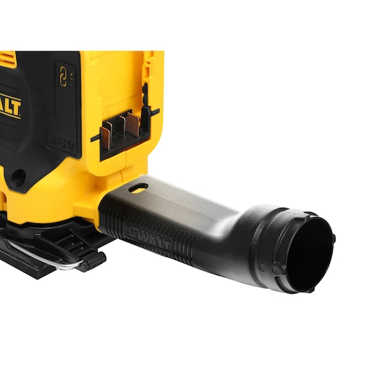 Close-up of DEWALT DCW200N tool showing battery slot and black attachment.