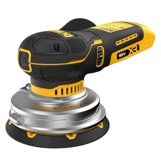 DEWALT 18V XR cordless random orbital sander with 125mm pad, black and yellow design.