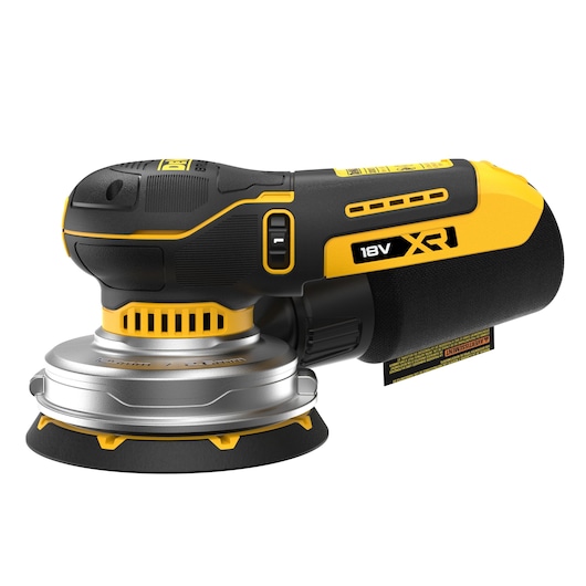 DEWALT 18V XR cordless sander in black and yellow, shown from the side on a white background.
