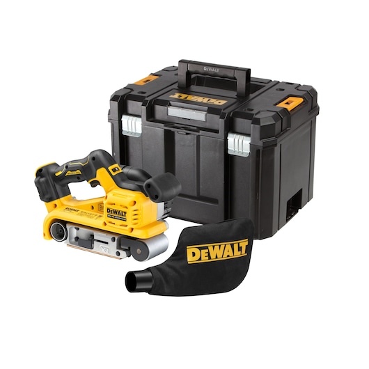 A DEWALT cordless belt sander with a black dust bag and a sturdy black and yellow DEWALT hard case, displayed against a white background.