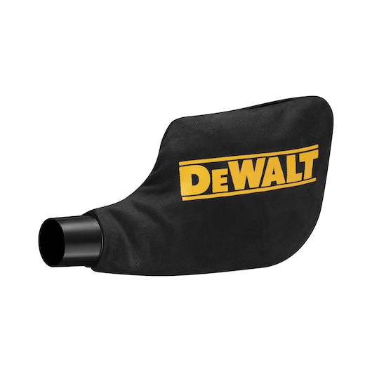 A black dust collection bag with a yellow DEWALT logo, designed for power tools. The bag has a cylindrical connector on one end.
